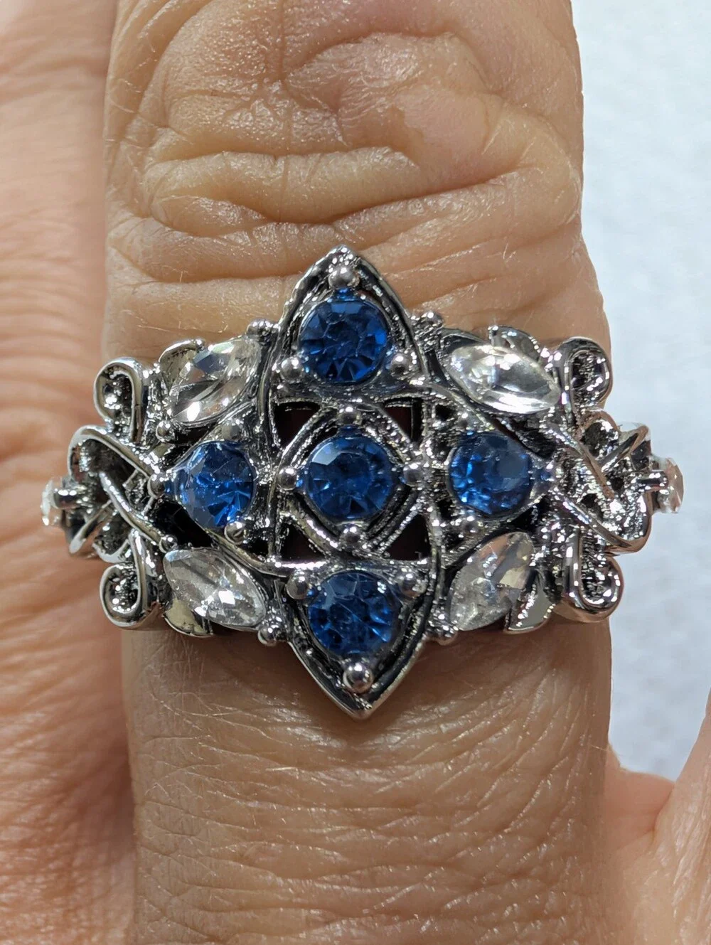 Blue & White Marquee Round Cut  Silver Dinner Ring Size 8